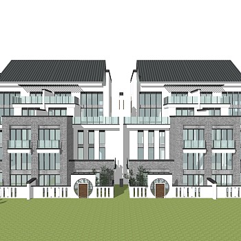 新中式连排别墅草图大师模型，连排别墅sketchup模型免费下载