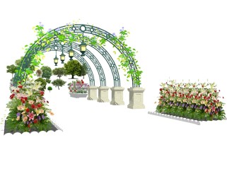 欧式户外植物花草树与雕花供廊草图大师模型，供廊sketchup模型下载