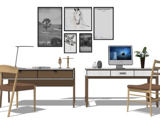 北欧书桌椅组合su模型，简约书桌sketchup模型下载