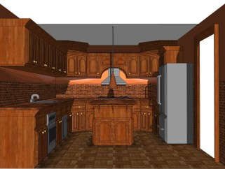 美式实木橱柜草图大师模型，岛形厨房柜sketchup模型下载