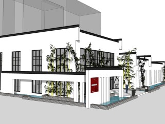 新中式售楼处建筑方案草图大师模型，建筑构件sketchup模型免费下载