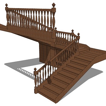 现代实木三跑楼梯草图大师模型，实木三跑楼梯sketchup模型免费下载