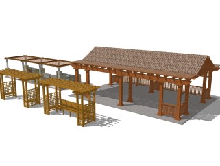 东南亚景观实木廊架组合草图大师模型，景观实木廊架组合sketchup模型下载