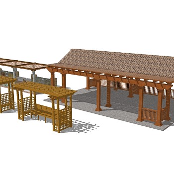 东南亚景观实木廊架组合草图大师模型，景观实木廊架组合sketchup模型下载