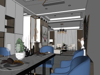 现代轻奢客餐厅su模型，客餐厅沙发桌椅组合sketchup模型下载