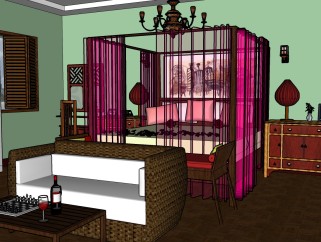 现代酒店卧室SKP模型，酒店卧室sketchup模型下载
