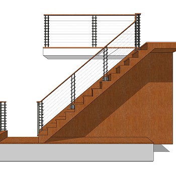 现代实木单跑楼梯草图大师模型，实木单跑楼梯sketchup模型免费下载