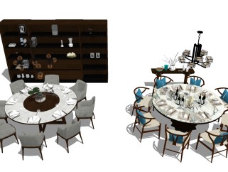 新中式圆形餐桌椅组合su模型，简约 餐桌sketchup模型下载