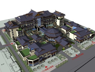 新中式花园酒店草图大师模型，花园酒店sketchup模型免费下载