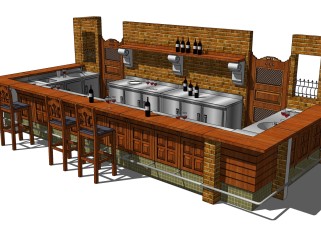 工业风酒吧吧台su模型，开放式吧台吧台椅草图大师模型下载