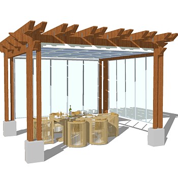 现代庭院实木廊架草图大师模型，庭院实木廊架sketchup模型下载