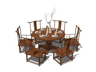 中式实木餐桌椅组合su模型，餐桌sketchup模型下载