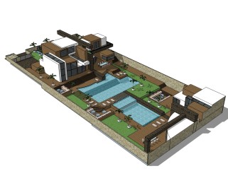 欧式独栋泳池别墅草图大师模型，别墅SU模型下载
