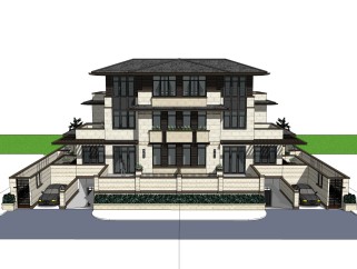 中式联排别墅su模型，别墅skp模型下载