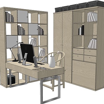 新中式实木书桌椅书柜免费su模型，书桌椅组合sketchup模型下载