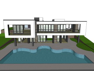 现代别墅草图大师模型，别墅泳池sketchup模型下载