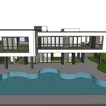 现代别墅草图大师模型，别墅泳池sketchup模型下载
