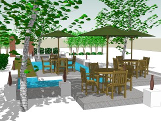 花园酒店餐厅户外餐厅旅游景点餐厅，太阳伞木质桌椅 su、草图大师免费模型下载.