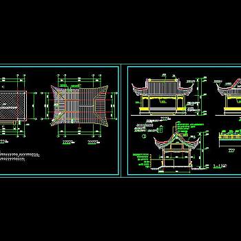 古建四角亭CAD施工图，四角亭CAD建筑图纸下载