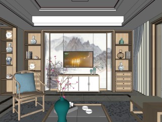  新中式客厅su模型，客厅草图大师下载