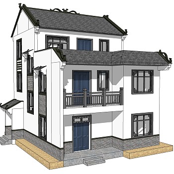 新中式徽派建筑草图大师模型，古建民俗sketchup模型免费下载