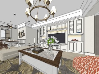 美式客餐厅免费su模型，客厅草图大师模型下载