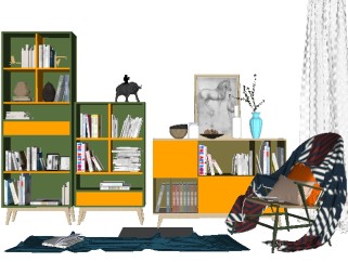 北欧书柜单椅组合su模型，柜子草图大师模型下载