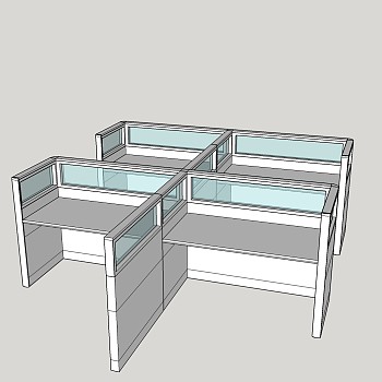出字型办公室屏风SU模型，办公桌草图大师模型下载