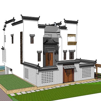 新中式徽派建筑草图大师模型，古建民俗sketchup模型免费下载