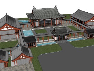 中式古建民房建筑群免费su模型下载、古建民房建筑群草图大师模型下载