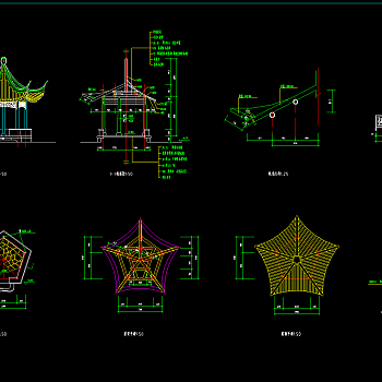 仿古建亭子施工图集，亭子CAD建筑图纸下载
