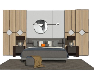 现代卧室双人床组合草图大师模型，双人床skp模型下载