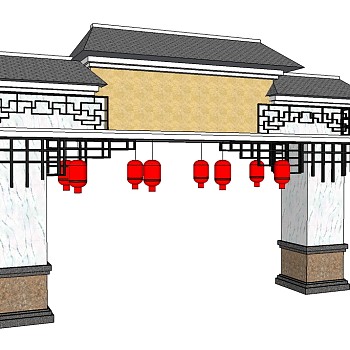 新中式大门su模型下载，sketchup入口大门skp模型下载