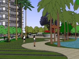 南方滨水小区住宅景观草图大师模型，滨水小区sketchup模型下载