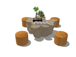 中式原木茶桌椅组合su模型，茶桌组合sketchup模型下载