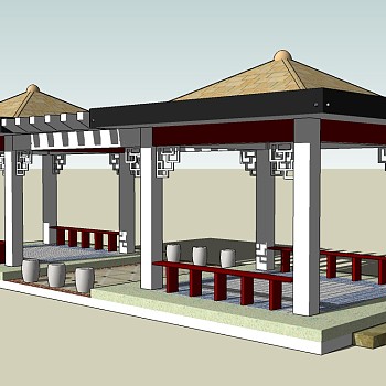 中式亭连花架草图大师模型，亭连花架sketchup模型下载