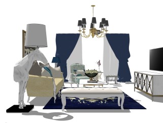 北欧客厅家具su模型，客厅沙发灯具茶几组合sketchup模型下载