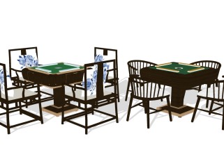 中式休闲麻将机桌椅组合su模型，麻将桌sketchup模型下载