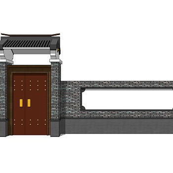 中式院门院墙草图大师模型，院门院墙sketchup模型免费下载