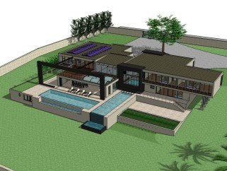 现代欧式独栋泳池别墅草图大师模型，别墅SU模型下载