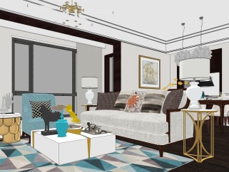 现代美式客厅设计草图大师模型，家装SU模型下载