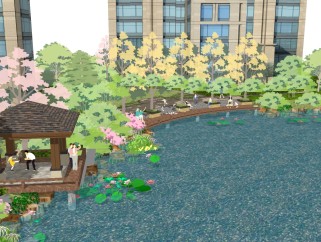 中式小区园林景观草图大师模型，小区园林sketchup模型下载