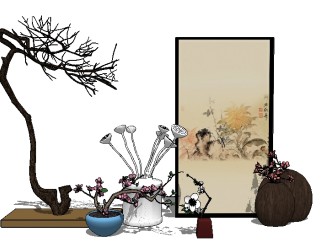 中式装饰画草图大师模型，装饰画sketchup模型下载