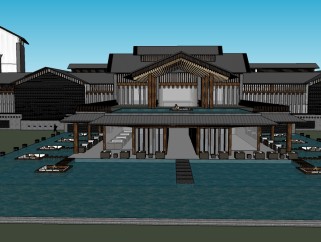 新中式酒店综合体草图大师模型，酒店sketchup模型