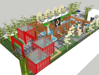 新中式会所屋顶花园景观草图大师模型，屋顶花园景观sketchup模型下载