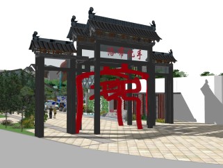 中式商业街草图大师模型下载，古建民俗sketchup模型分享