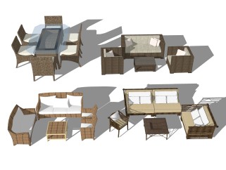 现代户外藤艺休闲桌椅草图大师模型，户外椅sketchup模型下载