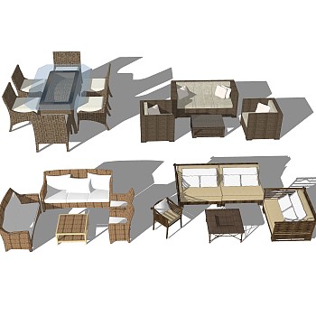 现代户外藤艺休闲桌椅草图大师模型，户外椅sketchup模型下载