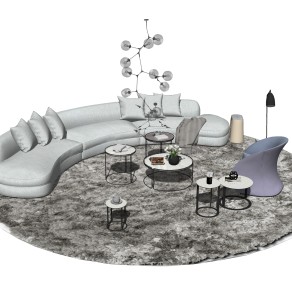 现代布艺弧形沙发组合su模型，弧形沙发组合skp模型下载