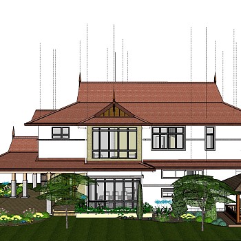 东南亚风格别墅su模型下载、东南亚风格别墅草图大师模型下载